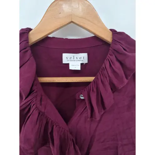 Velvet by Graham & Spencer Burgundy Ruffle Front Long Sleeve Blouse Top Large Purple