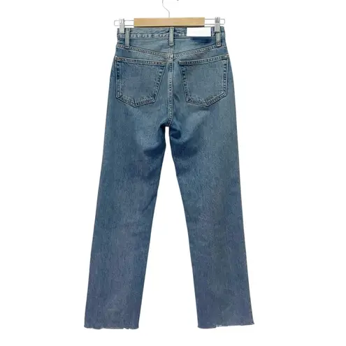 RE/DONE 70s Stove Pipe Jeans in Medium Vain Sz 25 High Rise Raw Hem Rigid Denim