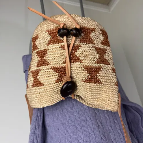 Handmade Raffia boho bucket Crossbody bag hand woven, Crochet & Leather Strap Tan