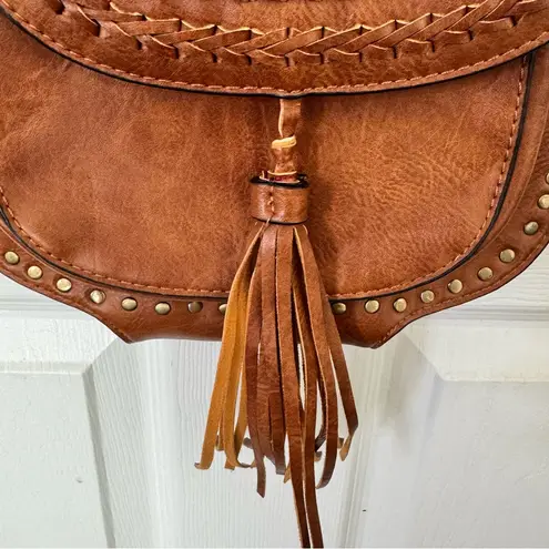 Antik Kraft Brown Boho Tassel Crossbody Bag with Stud Trim