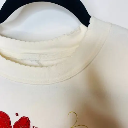 Cream Crew Neck Sweatshirt Poinsettia Applique Design Christmas Sz Medium Red