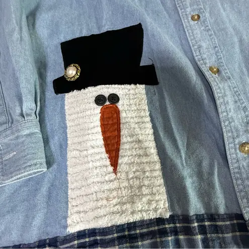 Allsport Denim Jean Shirt Size Large Longsleeve Women Snowman Applique Granny Blue