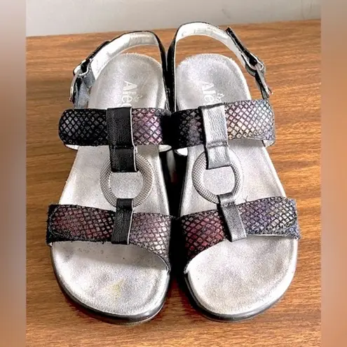 Alegria ‘Julie Gymboree’ Black Leather, Iridescent Snakeskin Sandals, Size 37