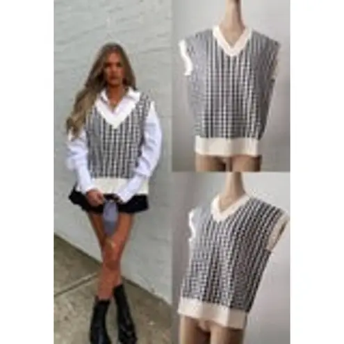 Ecru AmyEnjoyLIfe  Black Oversized College Style Houndstooth Knitted Vest M