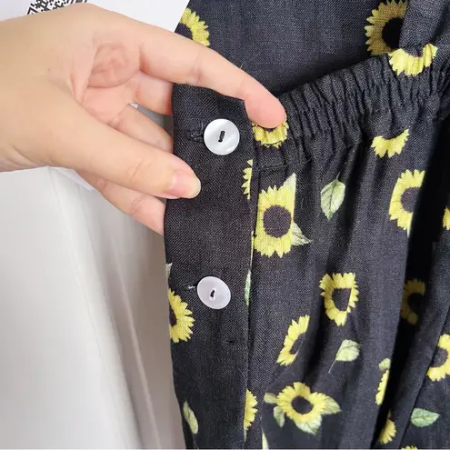 Sleeper • Baccara Linen Jumpsuit overall black yellow sunflower print flare leg