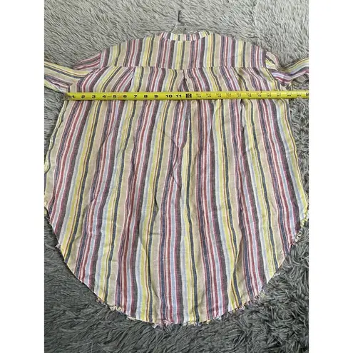 Elan  Lagenlook Boho Frayed Top Womens‎ Small 100% Linen Striped Popover