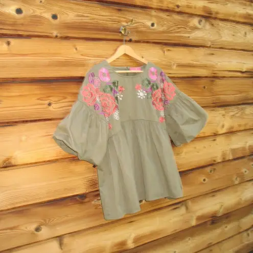 Army Green Boho Embroidered Oversize Top Green Size M