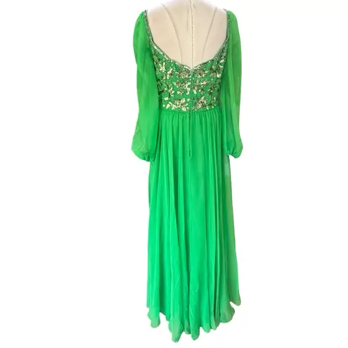 Victoria Royal Ltd 1960s Green sequin & Beaded Vintage Gown Dress sheer sleeves Size M