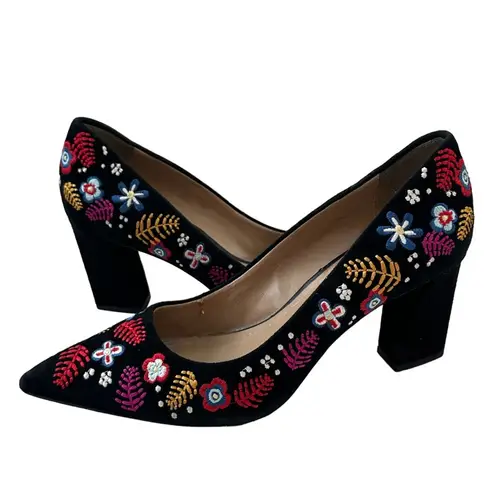 GUNMETAL Embroidered Floral Suede Heels Size 8 Red