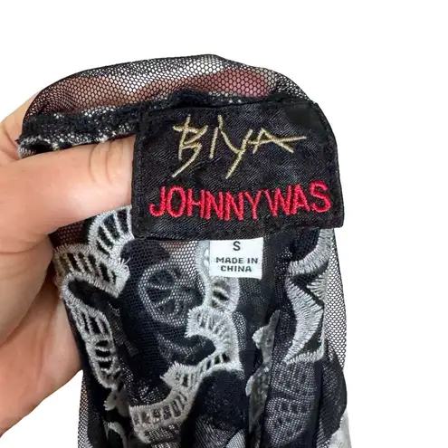 Johnny Was Biya Chloe Mazzy Bias Embroidered Mesh Maxi Dress Black and White