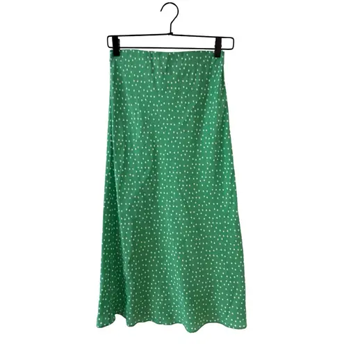 AYR XS The Estella Bias Cut Silk-Blend Midi Slip Skirt Green Goddess Polka Dot