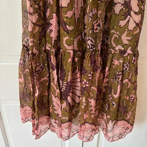 Ulla Johnson RARE Celestia Floral Batik Print Midi Dress Olive Ruffl Silk Size 6