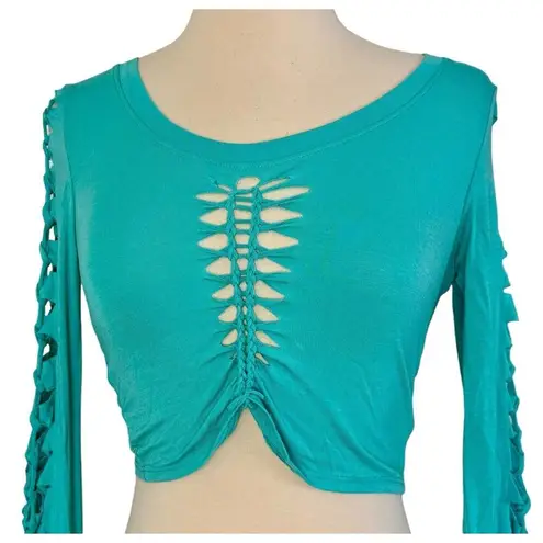 SLIT WEAVE Knotted Long Sleeve Turquoise Crop Top Rave Party Festival Club Sz S