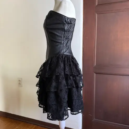 80s Vintage FIRENZE | Black Leather and lace Corset Basque Waist Dress Small