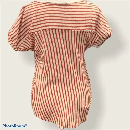 Gyft Red & White Striped Short Sleeve Wrap Hem Blouse- Size Small