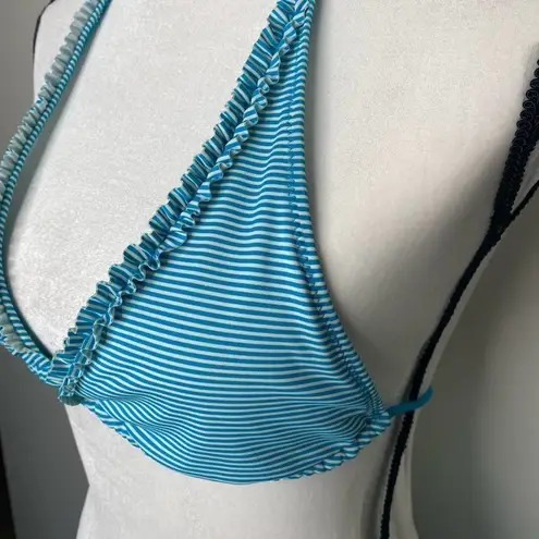 American Eagle  Ruffled Edge Striped Halter String Triangle Bikini Top Blue Small