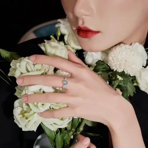 18K White Gold Plated Adjustable Blue Crystal Aquamarine Sapphire Ring for Women Silver