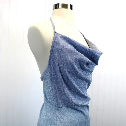 Naked Wardrobe NEW  Womens XL Blue Shimmer Glow For It Cowl Drape Halter Top