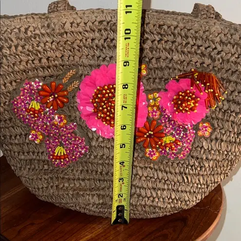 Floral Embellished Brown Woven Tote Bag beaded and bedazzled with floral accents