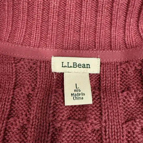 LL Bean Pink Double L Mixed Cable Full Zip Mock Neck Cotton Sweater Size LARGE