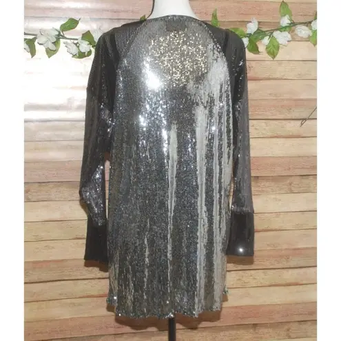 Lynn Richie All Over Sequin Silver Black Blouse Top Size M Long Sleeve Tunic Size M