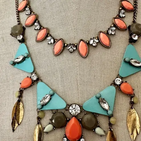 Blue and orange geometric multi strand statement necklace