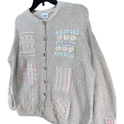 Vintage Koret Cardigan Sweater M Beige Embroidered Grandma Cottage Phoebe Buffay Brown Size M