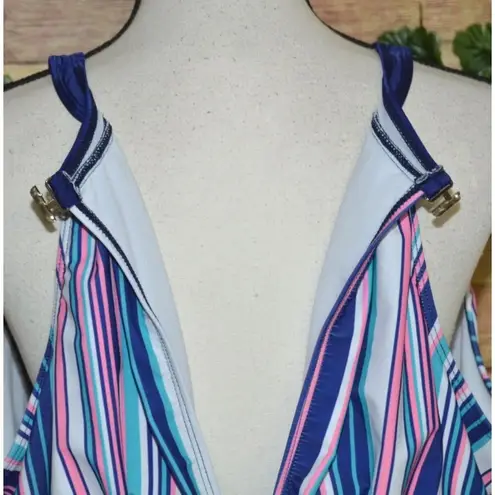 None Women's Blue Pink Striped Tankini Plus Size 3XL Stretch Umpire Waist Open Back