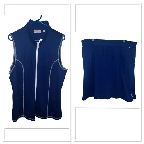 Quacker Factory Women's Navy Blue Vest & Skort Set Size XL Rhinestone Zip NWT