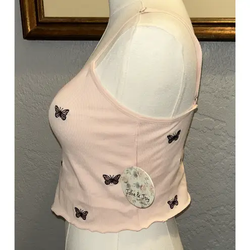 Jolie & Joy Crop Top NWT Lg Pink Embroidery Butterfly Ribbed Knit Coquette Beach