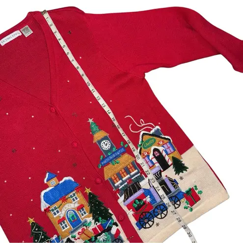 VTG 90s Victoria Jones Christmas Sweater Sz L Embroidered Cardigan Train Village Red Size L