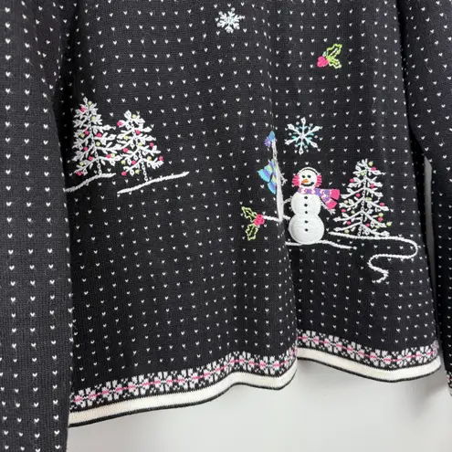 Alfred Dunner Vtg Christmas Sweater Women LP Black Knit Snowman Embroidered Cozy