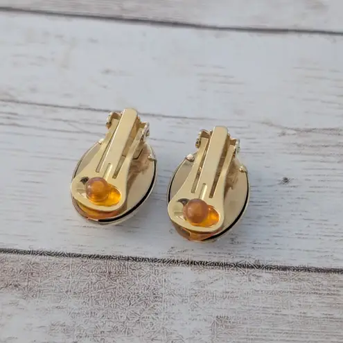 Vintage Clip On Earrings Mirrored Gold Tone Oval 7/8"