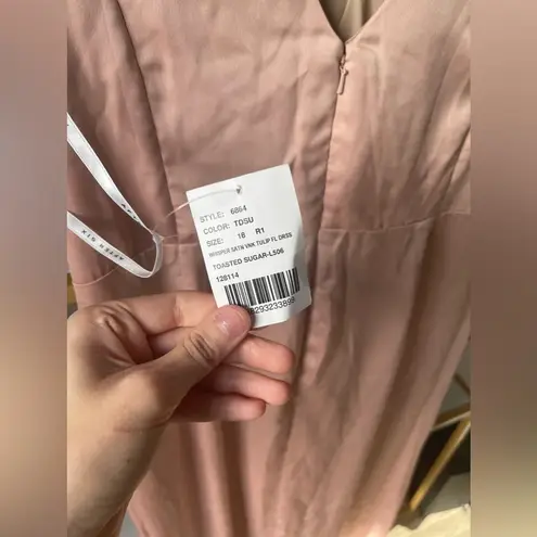 After Six Sleeveless Satin Faux Wrap Gown in Toasted Sugar, Size 18