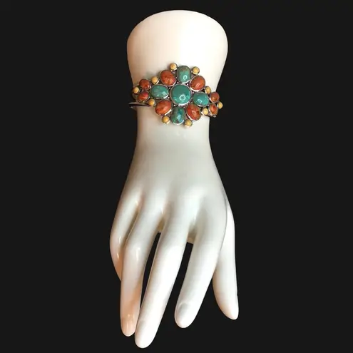 BARSE Sterling Silver Turquoise Spiny Oyster Coral Mosaic Inlay Cuff Bracelet Blue