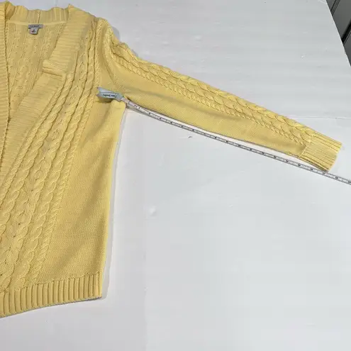 LL Bean Butter Yellow Double L Mixed Cable Open Front Cardigan Sweater MEDIUM