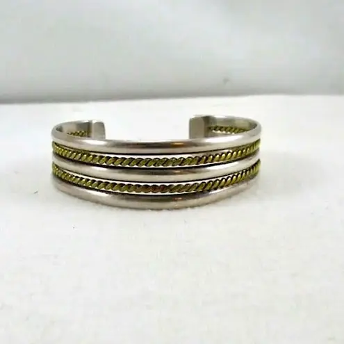 TAXCO Sterling Silver Brass Rope Inset Bicolor Cuff Bangle