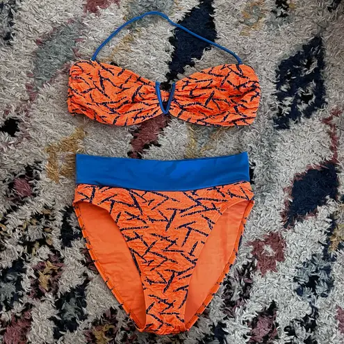 Vanessa Mooney Orange Blue Print Remi Bikini Top XL & High Rise Bottoms M
