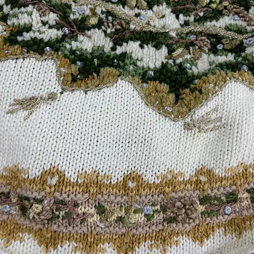 Vintage Christmas Tree Sweater Ivory Neutrals Gold Beaded Embellished by Tiara Size 2X