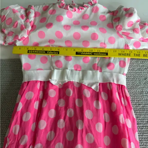 Vintage 60s Pink White Polka Dot High Neck Chiffon Prom Formal Dress XS or Small