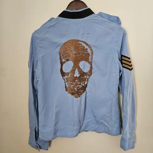 Zadig & Voltaire Jacket Light Blue Military Style Skull Zip Up Patch Casual