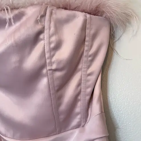 Lavish Alice Feather Trim Satin Asymmetric Ruched Strapless Bandeau Dress Rose Pink Size 6