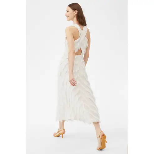 Rebecca Taylor Bias Fringe Cream V-Neck Midi Dress