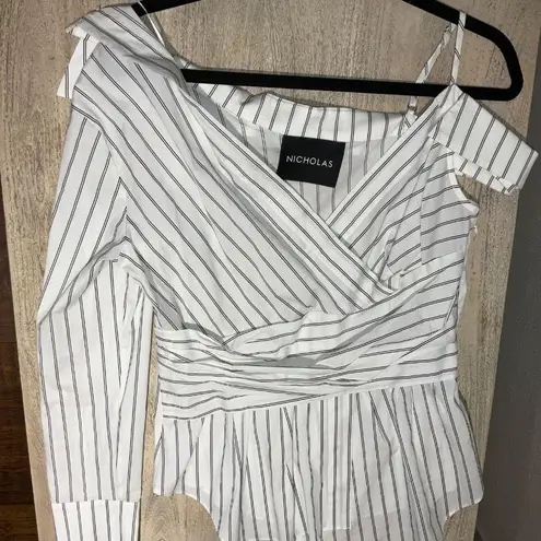 Nicholas Asymmetrical Blouse Top Shirt One Shoulder White Black Cotton Size 6