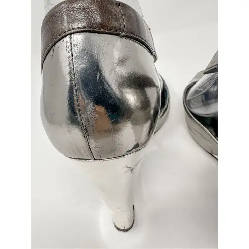 Marciano Women's Silver Leather Peep-Toe Wedge Heel Silver And Brown Size 8.5