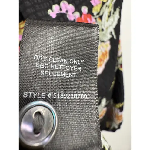 Rebecca Taylor Boquet Black Floral Silk Smocked Neck Long Sleeve Blouse Size S