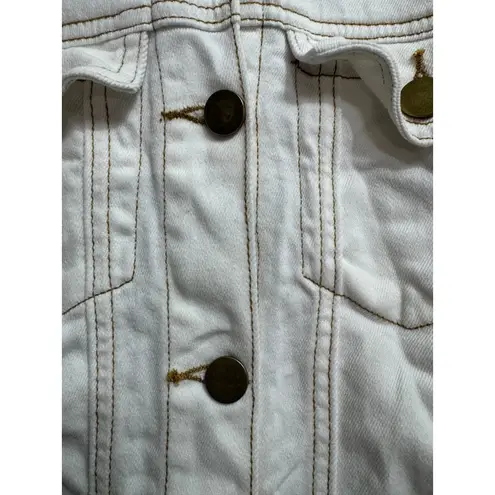 LEGOE HERITAGE Maternity Cropped Denim Jacket Size 0 Gold Stitching Button Front White