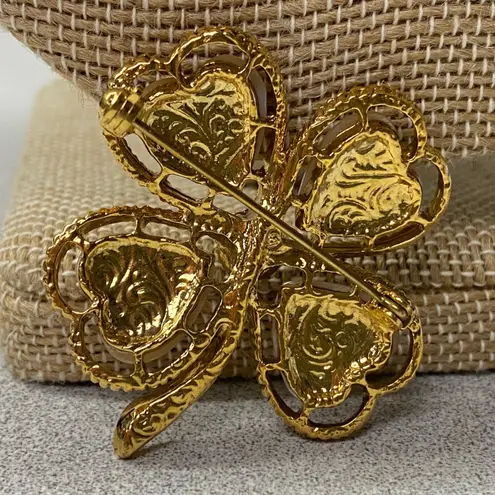 Vintage Gold Tone Faux Pearl Hearts Four Leaf Clover Brooch Pin Lucky Charm