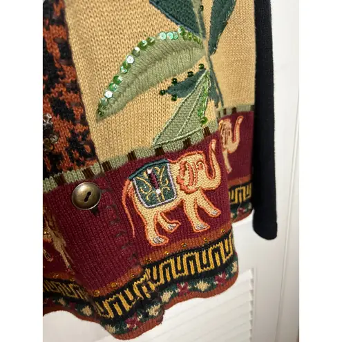 Vintage 80s Ronnie Salloway Cardigan Animal Print Elephant Knit Boho Sweater XL Brown