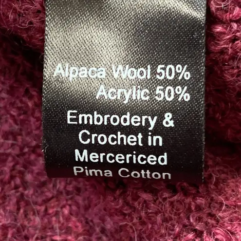 Vintage Burgundy Embroidered Alpaca Wool Cardigan Boho Folk Dark Floral Trim Pink Size L